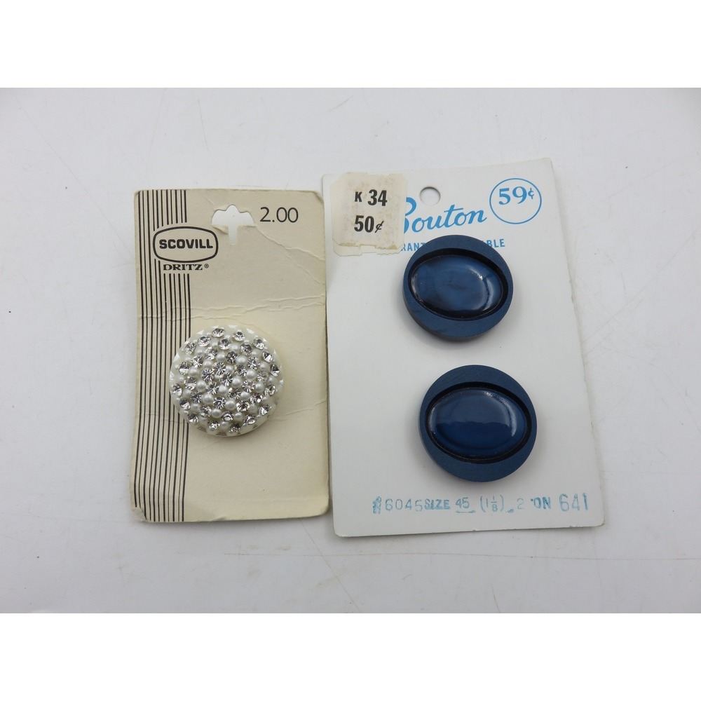Vintage Scovill Dritz Rhinestone Pearl Button & Le Bouton Navy Blue Oval Buttons